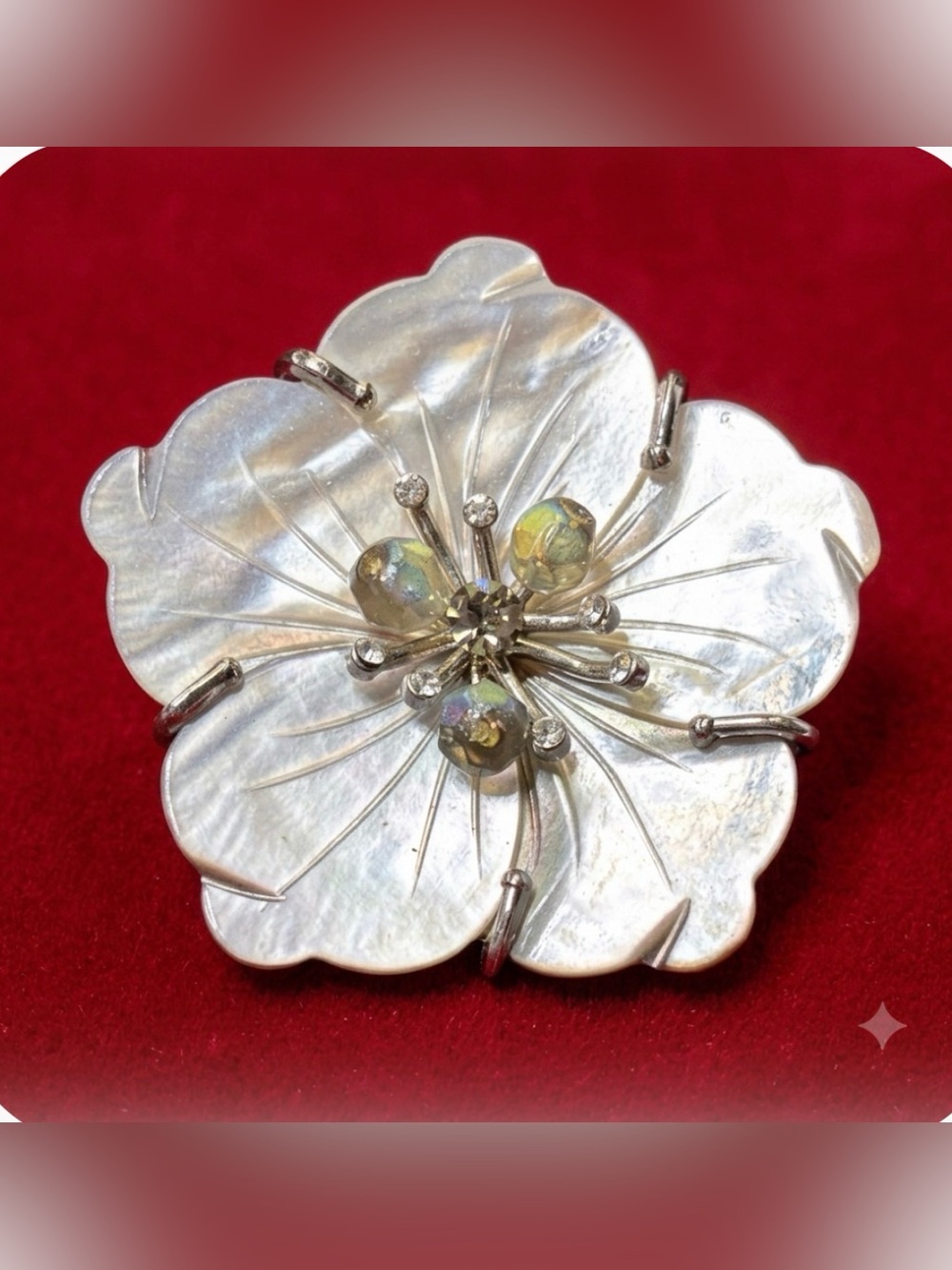 Silver Flower Brooch with Iridescent Bead Center